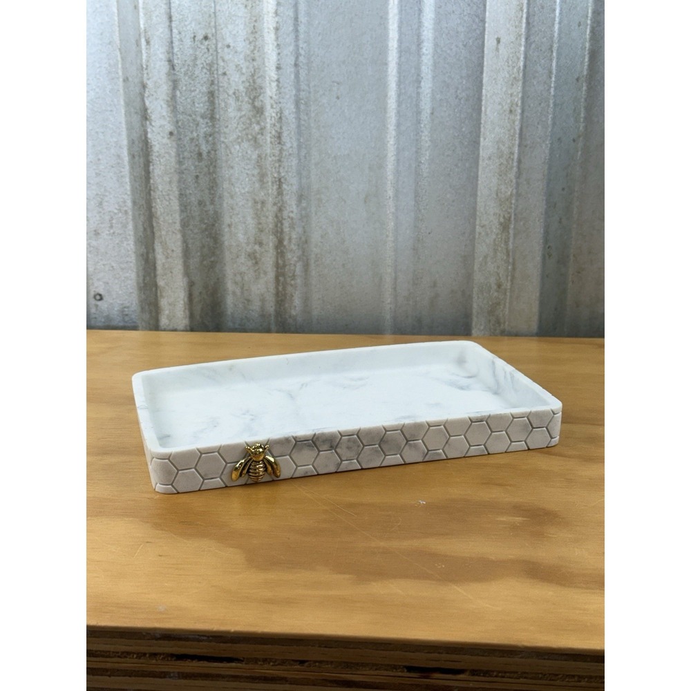 Marble Look Vanity Tray w/ Gold Bee Accent Honeycomb Decorative Catchall 10x6 In